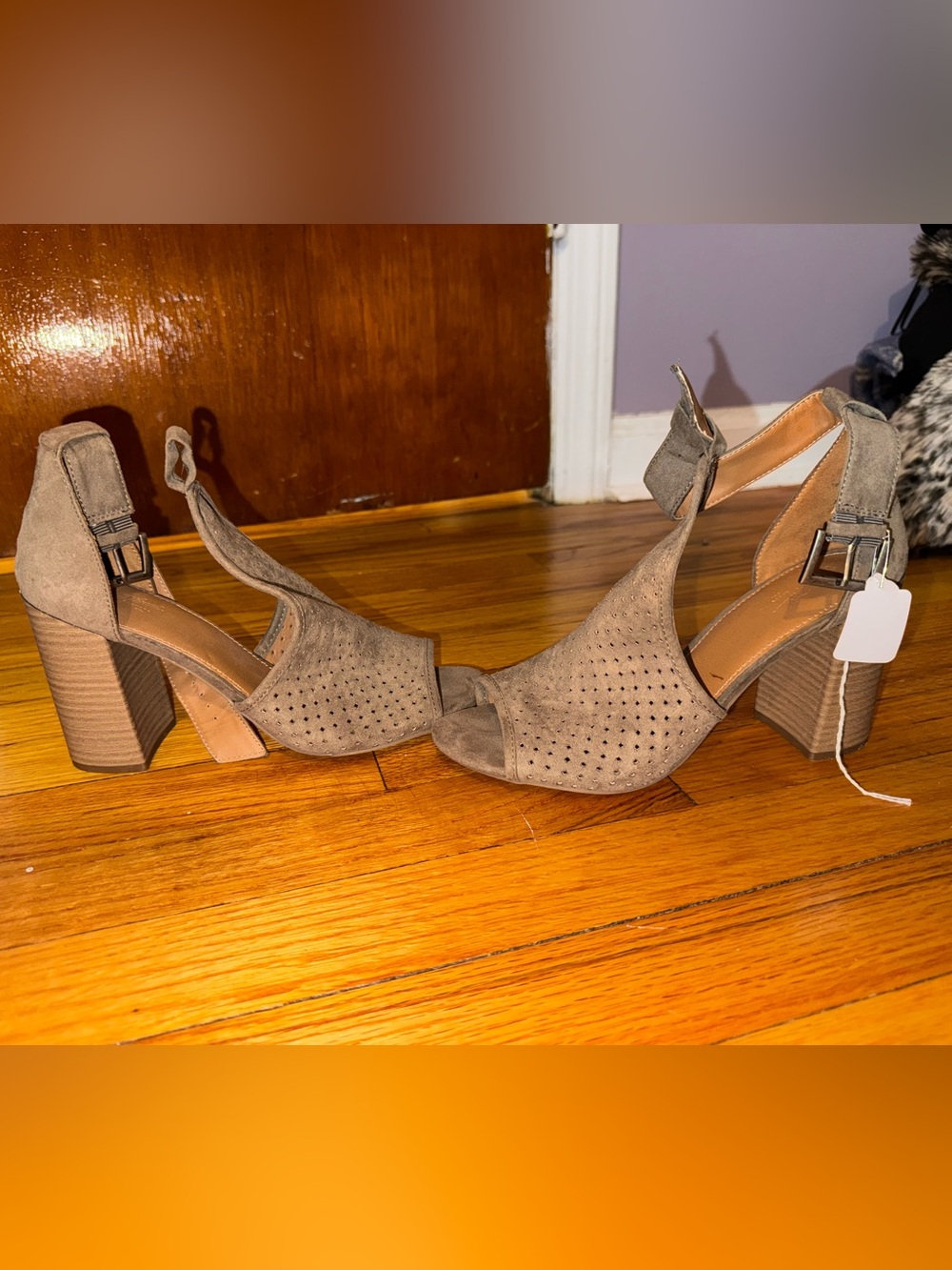 Universal Thread Taupe Suede Perforated Block Heel Sandals